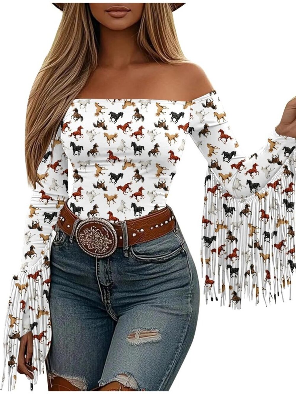 Women's Horse Stretchy Crop Off Shoulder Concert Cowgirl Fringe Tassel Blouses